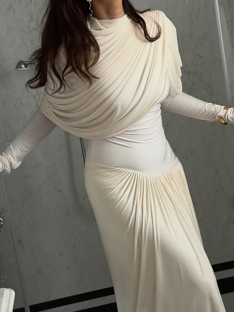 Ruched فستان طويل أنيق امرأة الخريف الاتجاه س الرقبة كم كامل نحيل عالية الخصر اليومية الشارع عادية أسلوب بسيط Bodycon