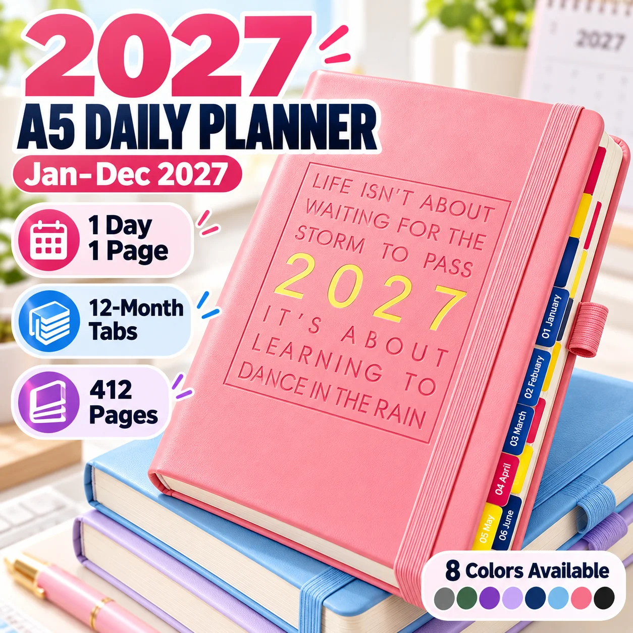 2027 A5 Daily Planner 412 Pages 80GSM PU Leather Agenda Book with Monthly Tabs 1 Day Per Page Organizer for School Office