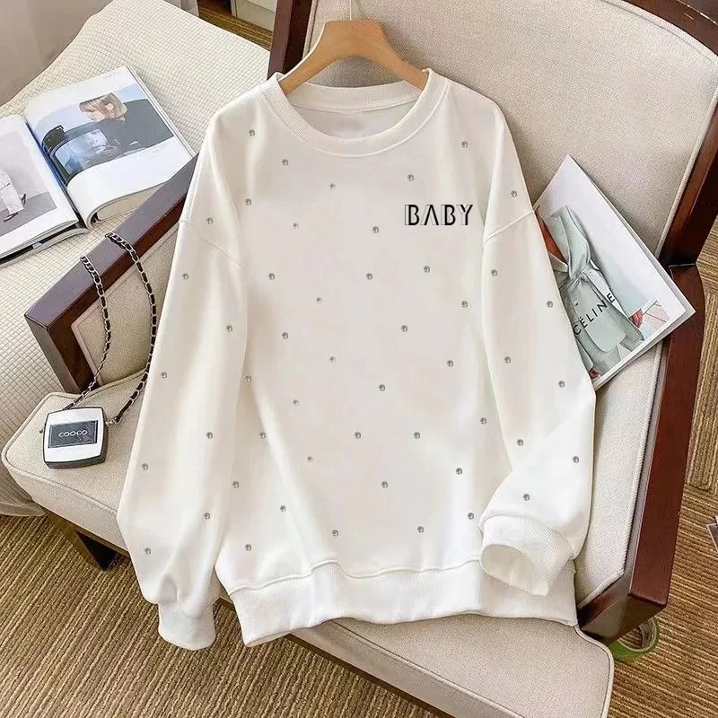 Autumn Fashion Diamond Women Sweatshirt Casual Loose Heavy Industry 3XL Long Sleeve Plush Warm Pullovers Female Basic Tops Tees