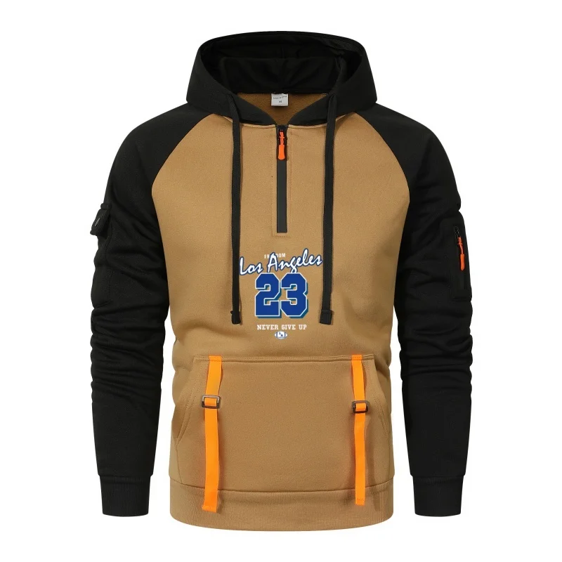 

2025 Men's fashion casual hooded sweatshirt, long-sleeved sweatshirt, printed drawstring pull-out, zipper, multi-pocket design