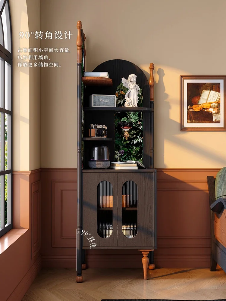 French retro corner, small apartment living room corner rack, triangular cabinet, solid wood multi-layer rack