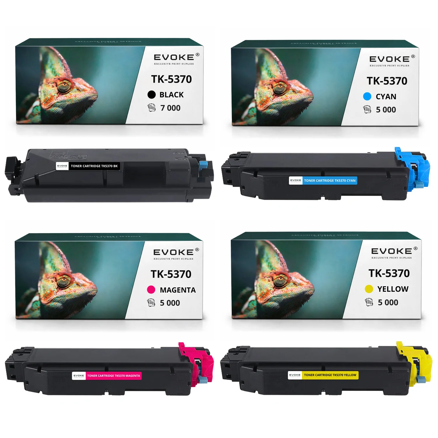 Evoke Compatibele Toner voor Kyocera Tk-5370 Tk5370 4X Cmyk: Zwart, Cyaan, Magenta, Geel 22000 Pagina's Ecosys Pa3500Cx Ma3500Cix Ma3500Cifx