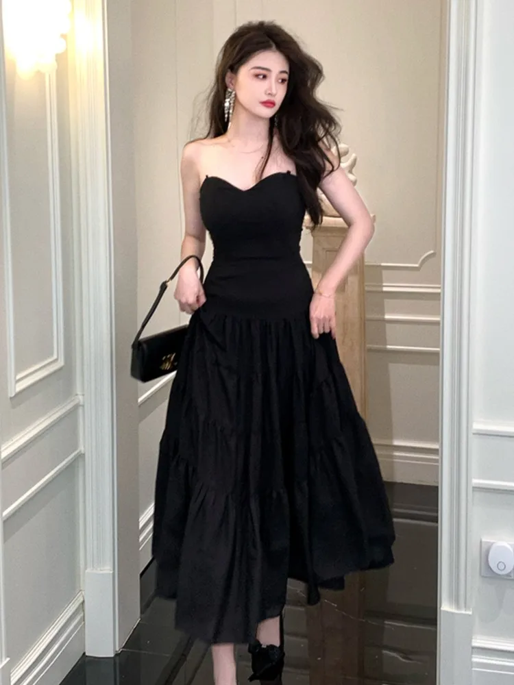 

French Vintage Women A-line Dress For Evening Party Summer Romantic Solid Strap Lady Robe New Fashion Slim Waist Flounce Outfits