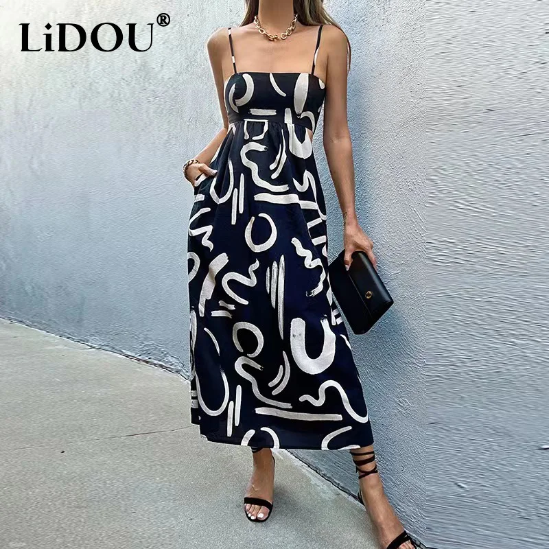 2023 Summer Fashion Printing Slip Robe Ladies Sexy Sleeveless A-line Dress Women's Backless Casual Midi Vestidos Female Clothes