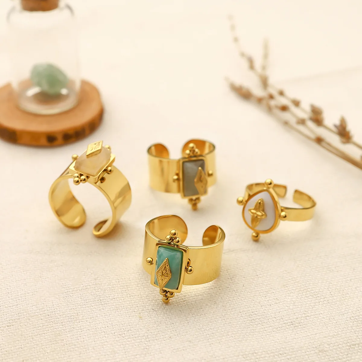 PAPERPLUS | Bohemian Stainless Steel Open Ring for Women. Natural Stone Vintage Jewelry. Waterproof. Trendy