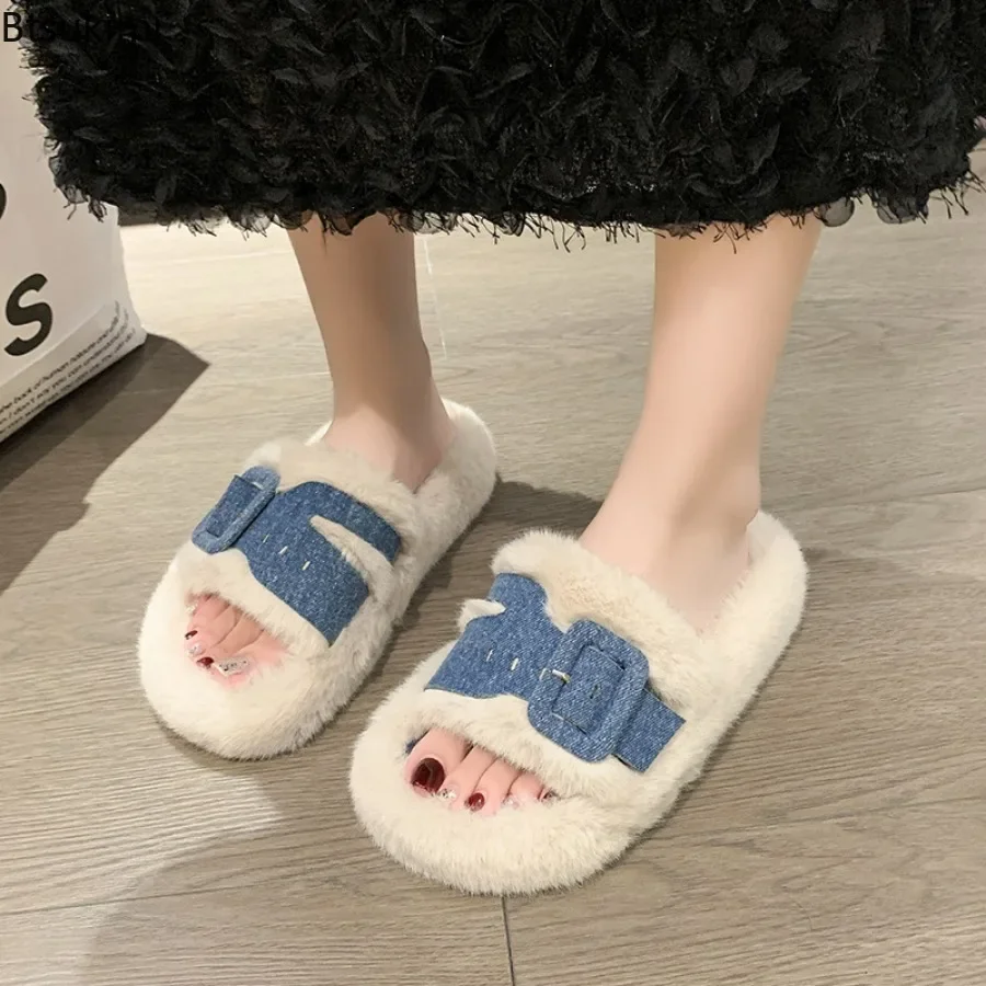 2024 Thick Soled Plush Slippers for Women Outerwear Autumn Winter Warm Casual Flat Shoes Slippers Female Fur Flip Flops Slippers