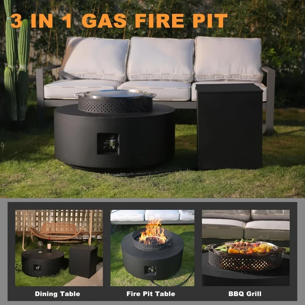 32 Inch2-Piece Fire Pit Table，65,000 BTU Gas Firepit, Baking Sheet, Wind Guard & Tank Side Table，3 in 1 Propane Fire Table