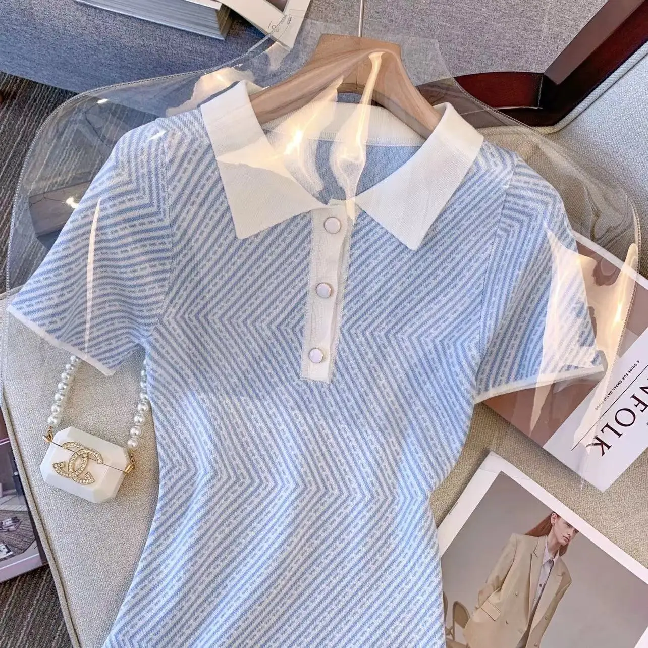 ストライプの半袖ニットドレス,折り襟,傾斜,伸縮性のあるウエスト,スリム,新しい夏のコレクション2022