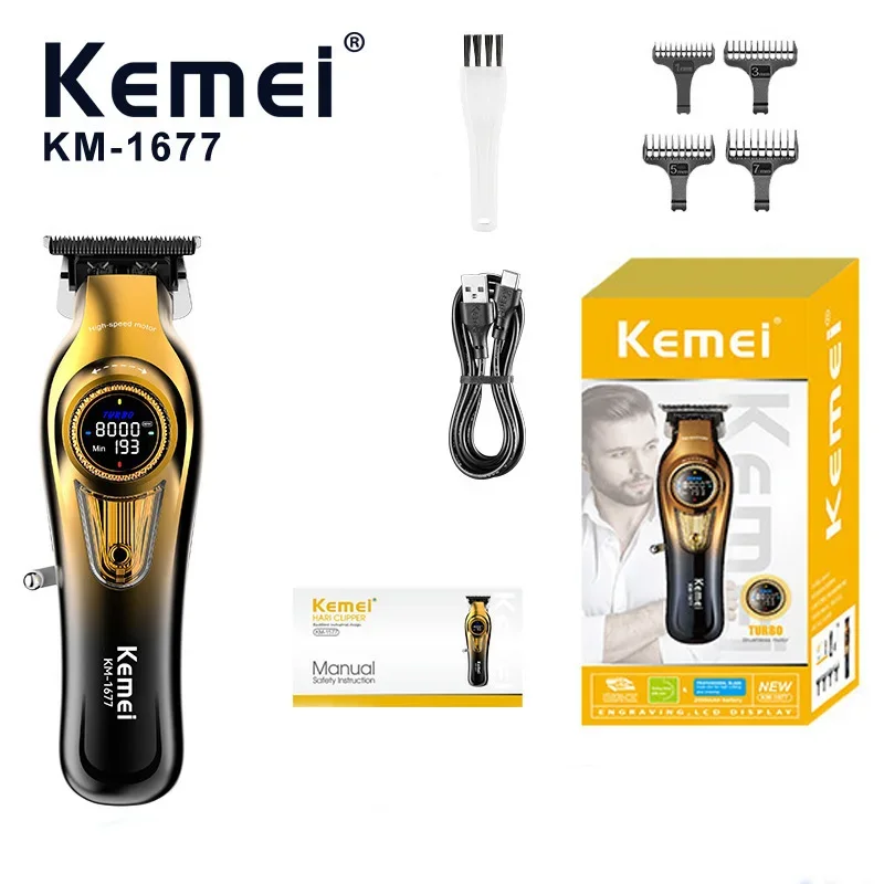 Kemei KM-1677 high-speed professional electric hair clipper, USB charging digital display men's cordless electric hair clipper