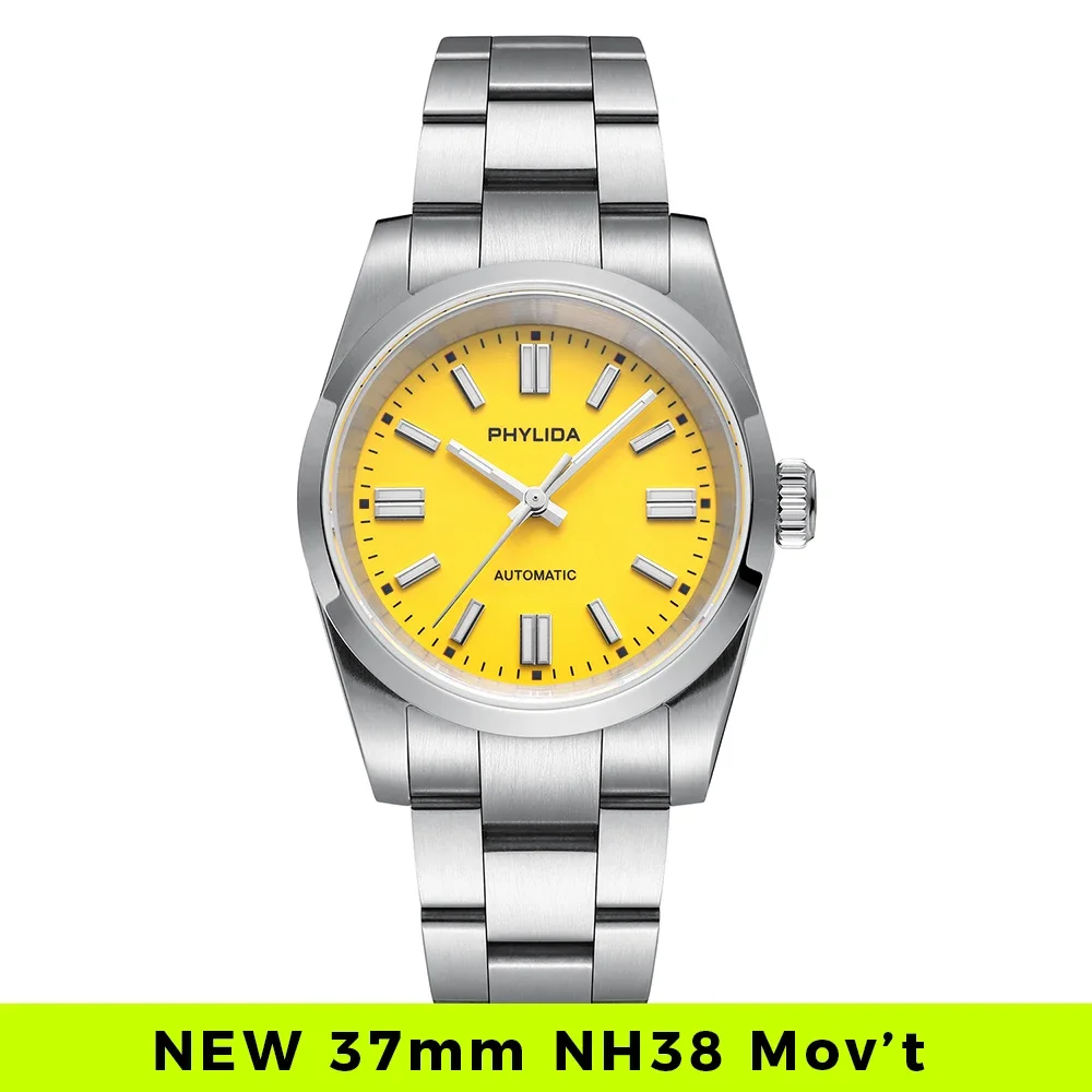 PHYLIDA 37mm Yellow Dial Wristwatch NH38A Automatic Men's Watches Perpetual Watches for Men fkEvNH35ASgI5