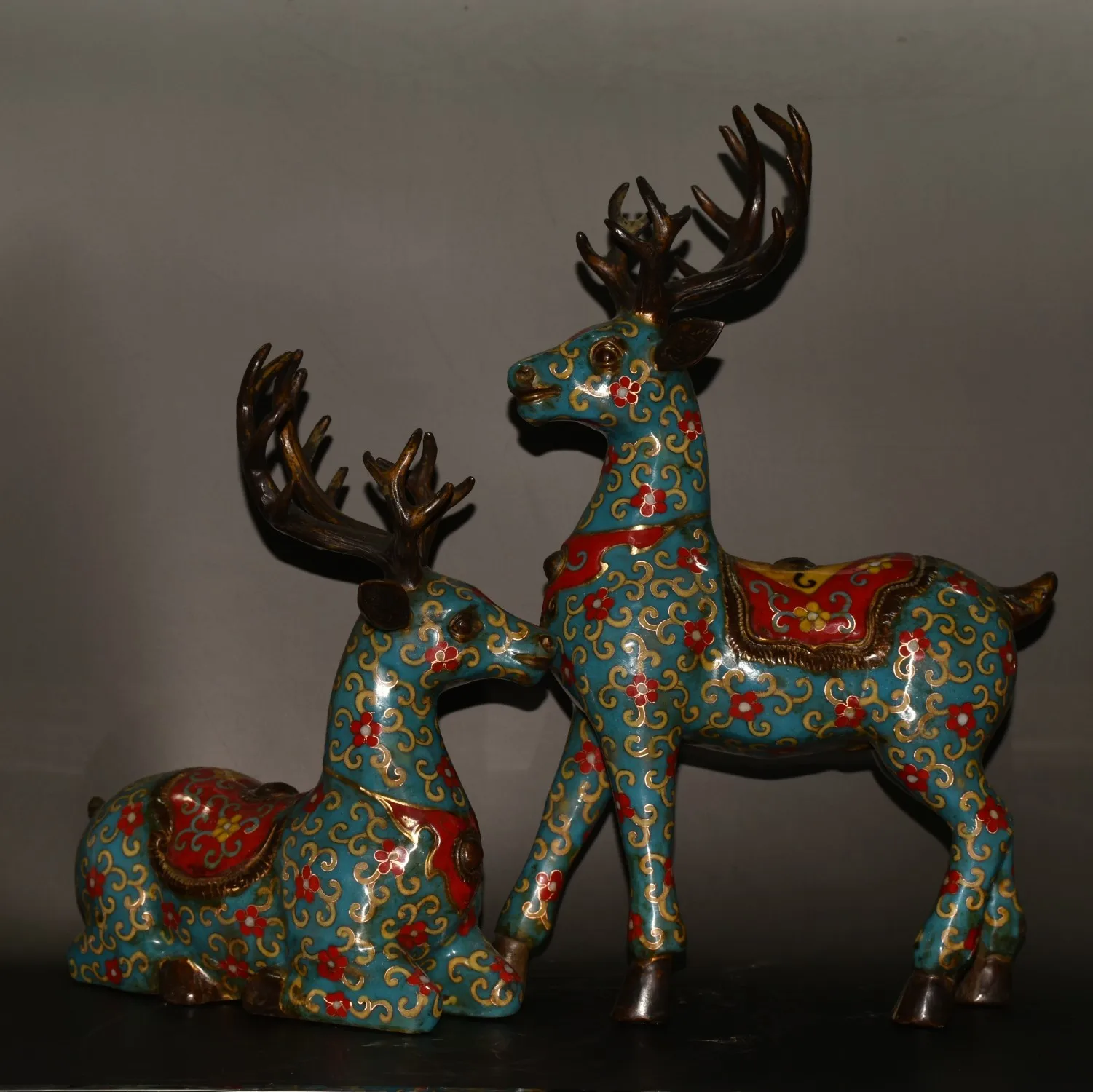 

15"Tibetan Temple Collection Old Bronze Cloisonne Enamel High low deer Sika Deer statue A Pair Amass wealth Ornaments Town House