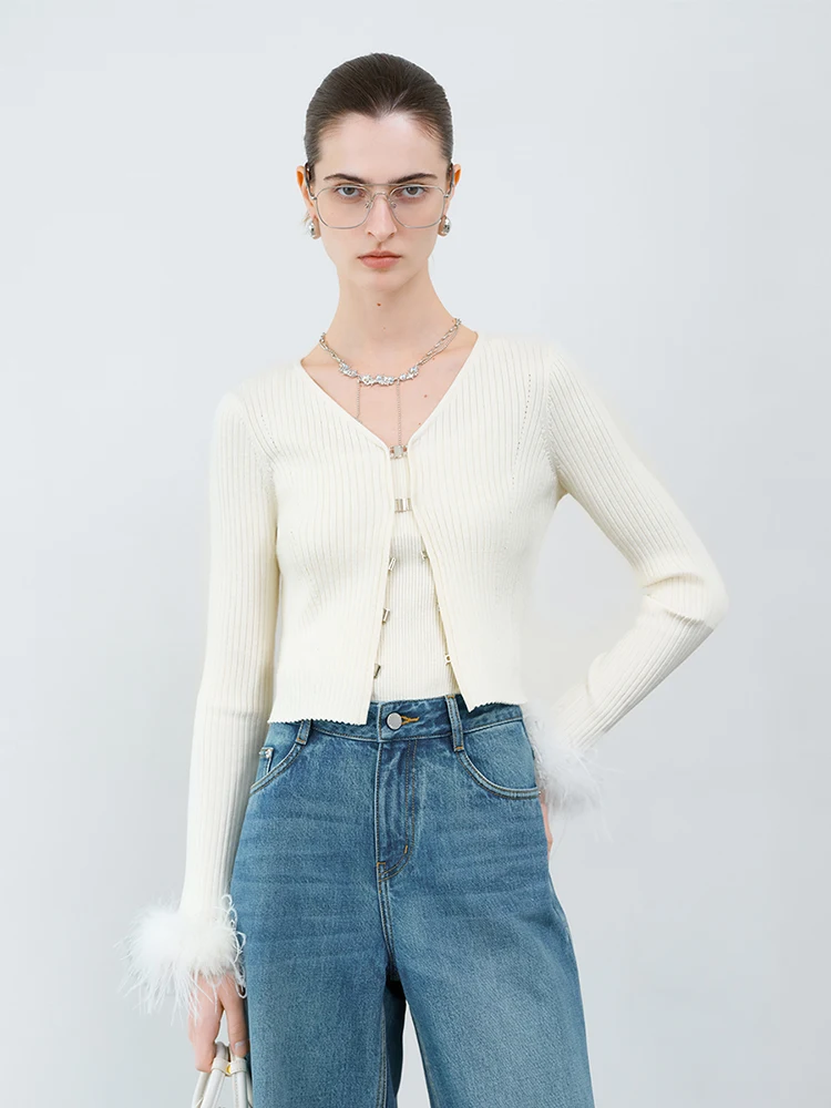 FSLE【Premium Series】Elegant Ostrich Feather Sleeve Sweater For Women 2025 Spring New Design Chic Outfit 25FS11091