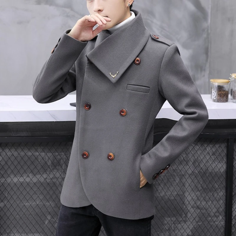 

Winter Men's Large Collar Woolen Jacket Korean Slim Fit Casual Business Coat Double-breasted Streetwear Overcoat Men Clothing