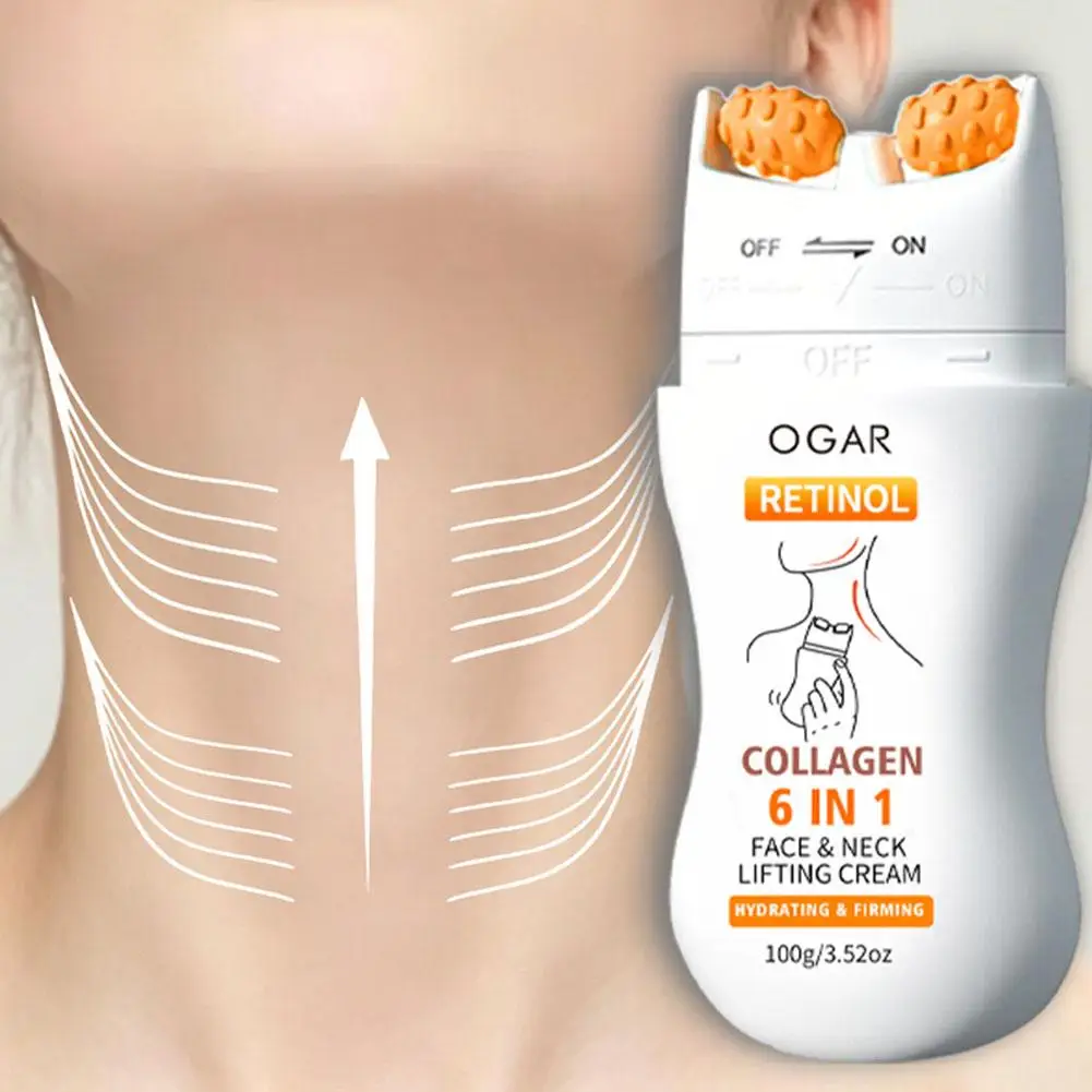 Retinol Collagen Face Cream V-Shaped Double Roller Neck Cream Deep Hydration Firming Face Neck Massage Care 100g