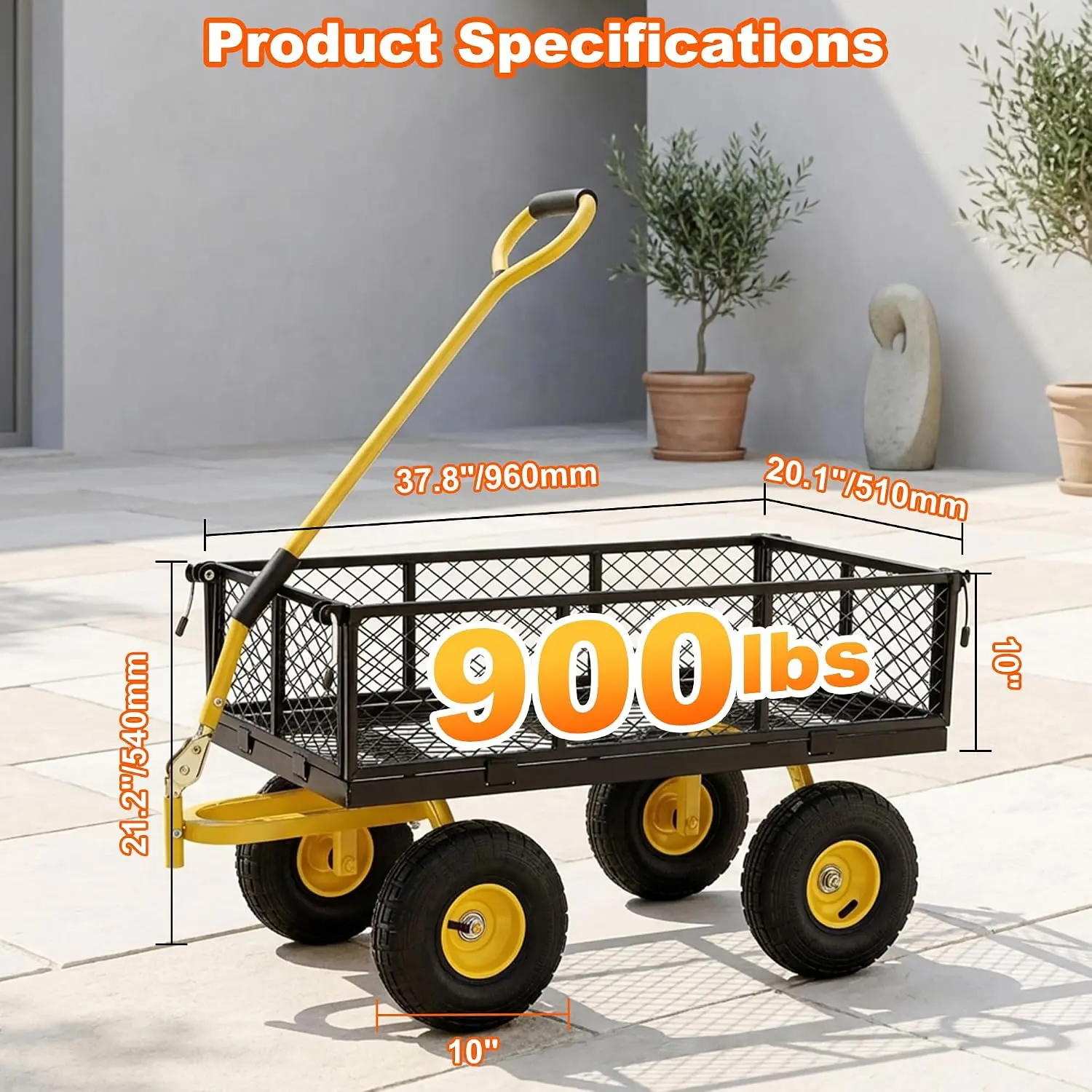 900lbs Heavy Duty Garden Cart, Steel Garden Wagon Cart with Fixedable Rotating Handle for Backyard, Utility Yard Wagon with 10