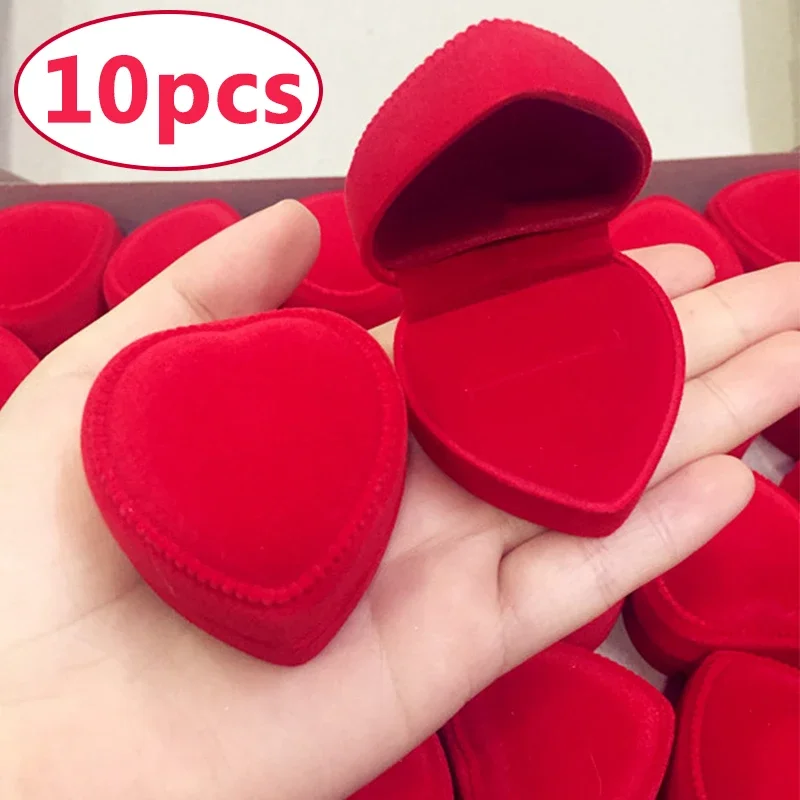 10Pcs Red Velvet Heart Ring Box Jewelry Display Case Holder Gift Boxes Wedding Romantic Organizer Engagement Ring Case Wholesale