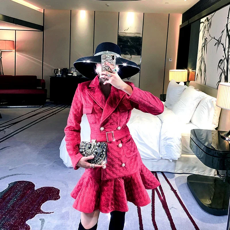

Winter Korea Fashion Women 2024 Notched Full Sleeve Ruffles Pearls Button Plaid Pockets Velvet Thick Belt Mermaid Dress