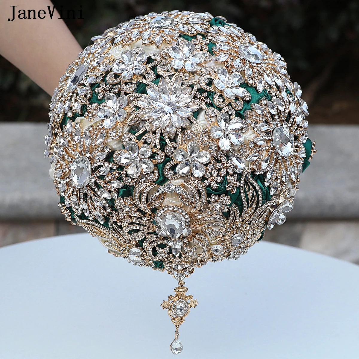 JaneVini Luxe Volledige Diamanten Sieraden Bruidsboeketten met Gouden Kristal Kunstmatige Satijnen Rozen Donkergroen Bruiloft Bloemen Boeket