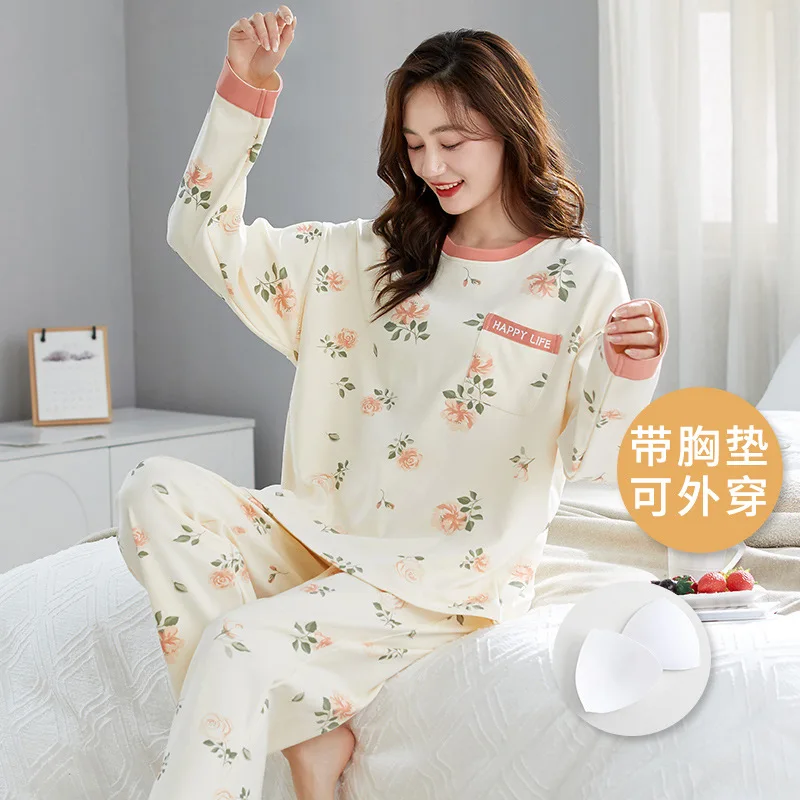 Ensemble de pyjama en coton rembourré avec soutien-gorge pour femmes, vêtements de nuit longs, vêtements d'intérieur pour jeunes filles, automne, nouveau, 2023, 2 pièces