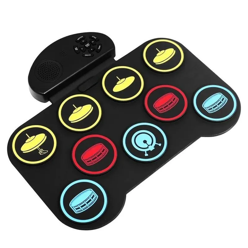 Portable Hand Roll Drum Kit 5 Drums 4 Cymbals Silent Electronic Practice Pad for Beginners Kids Tabletop Percussion