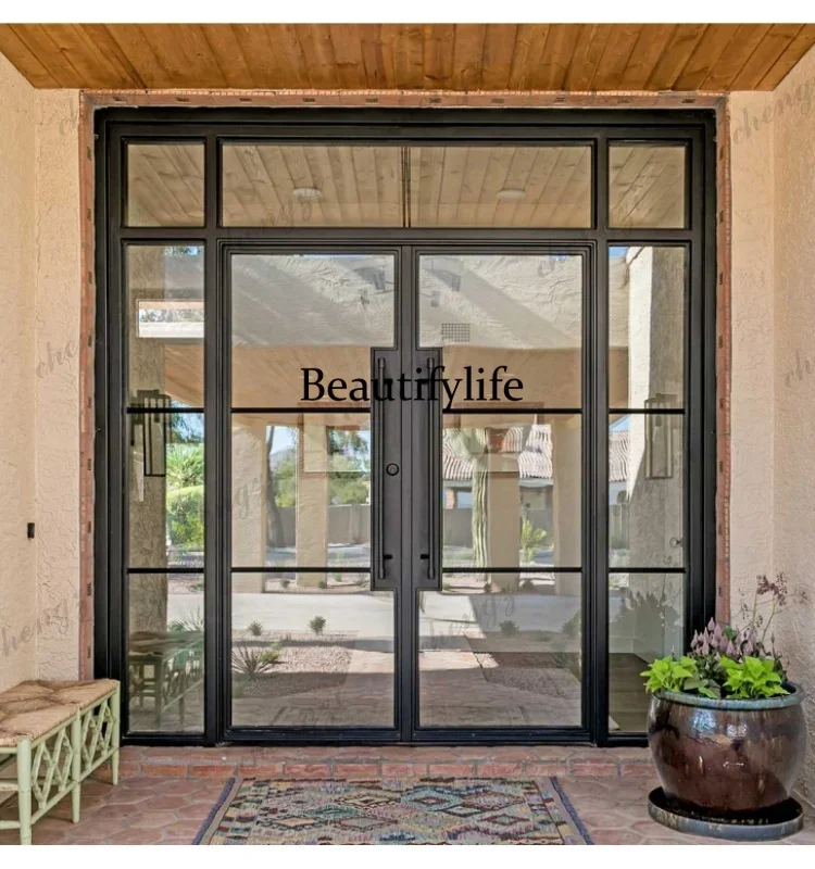 TTT  Customization Customized Wrought Iron Frame Tempered Glass Transparent Double Swing Villa Front Door