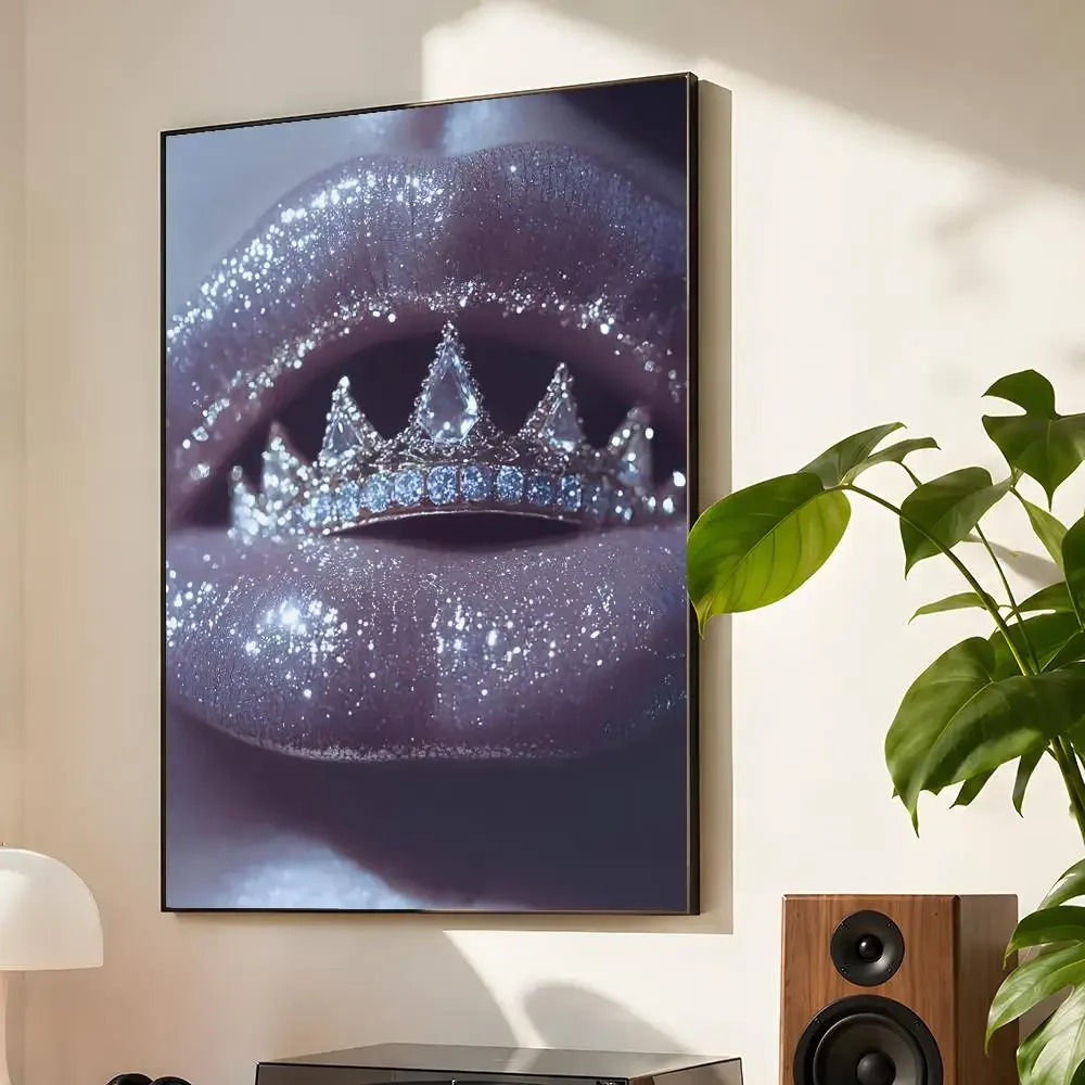 Luxury Woman Glamorous Lip Fashion Glossy Diamonds Cherries Poster Matte Wall Art Waterproof Room Decoration Bedroom