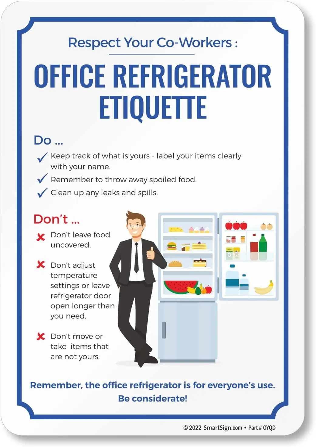 SmartSign 10 x 7 inch “Respect Your Co-Workers - Office Refrigerator Etiquette” Magnetic Sign, Conformable 32 mil Rubber, Multic