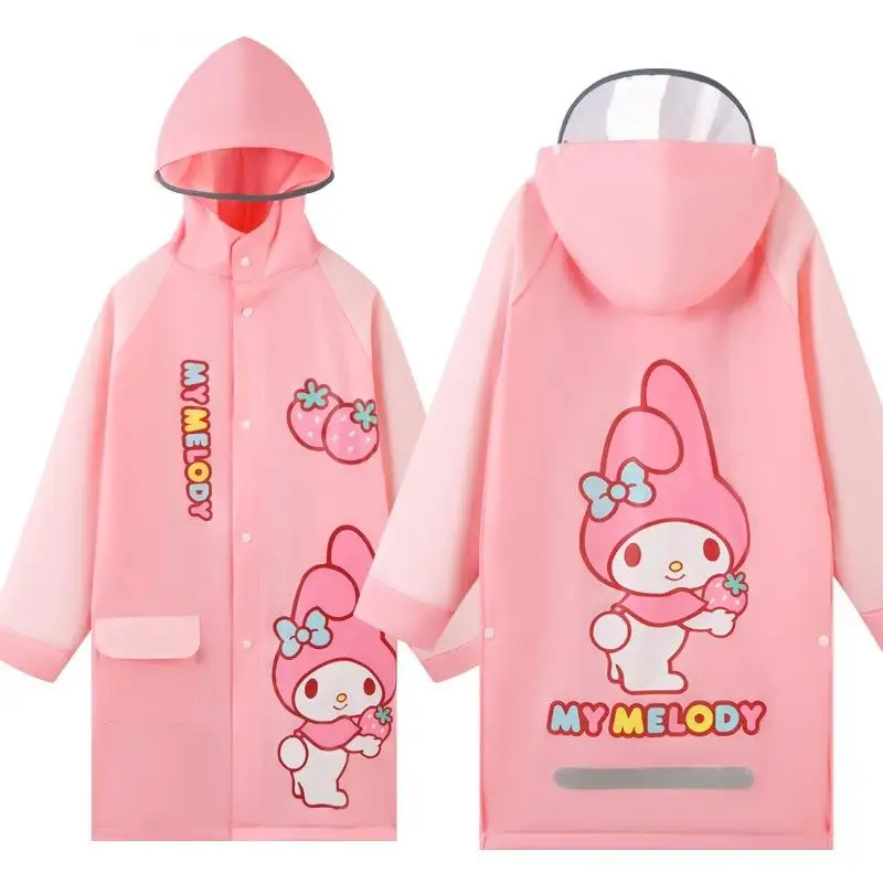 Sanrio Kuromi Student Raincoat Anime Hellokitty Cartoon Kuromi Printing Portable Cardigan Hooded Raincoat Loose Poncho Girl Gift