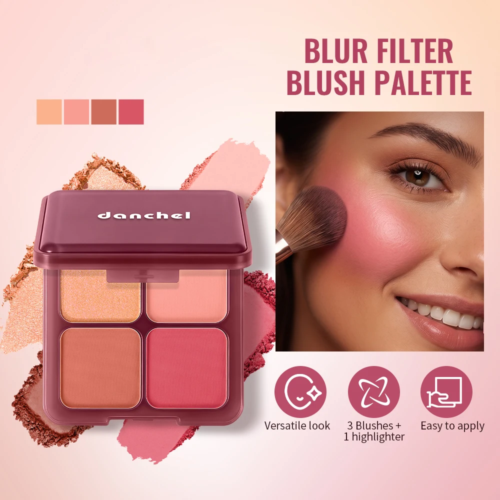 Multi-use 4 Color Blush Palette Built-in Brush High Pigment Matte Blush Highlighter Warm Tones Soft Focus Single & Mixed Makeup