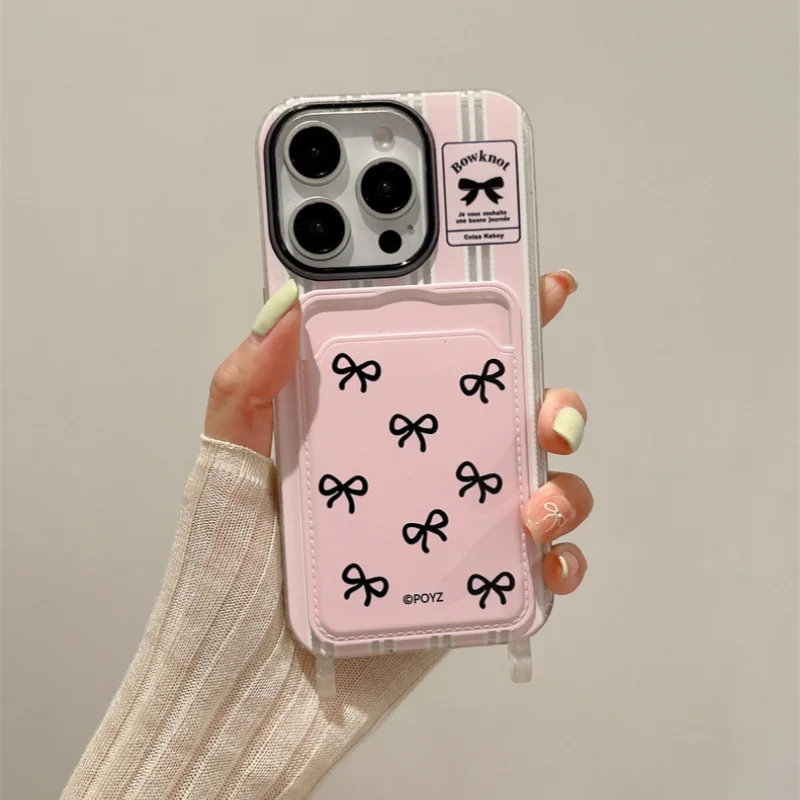 Card bag transparent hollow striped black bow phone case For iPhone 11 12 13 14 15 16 pro max