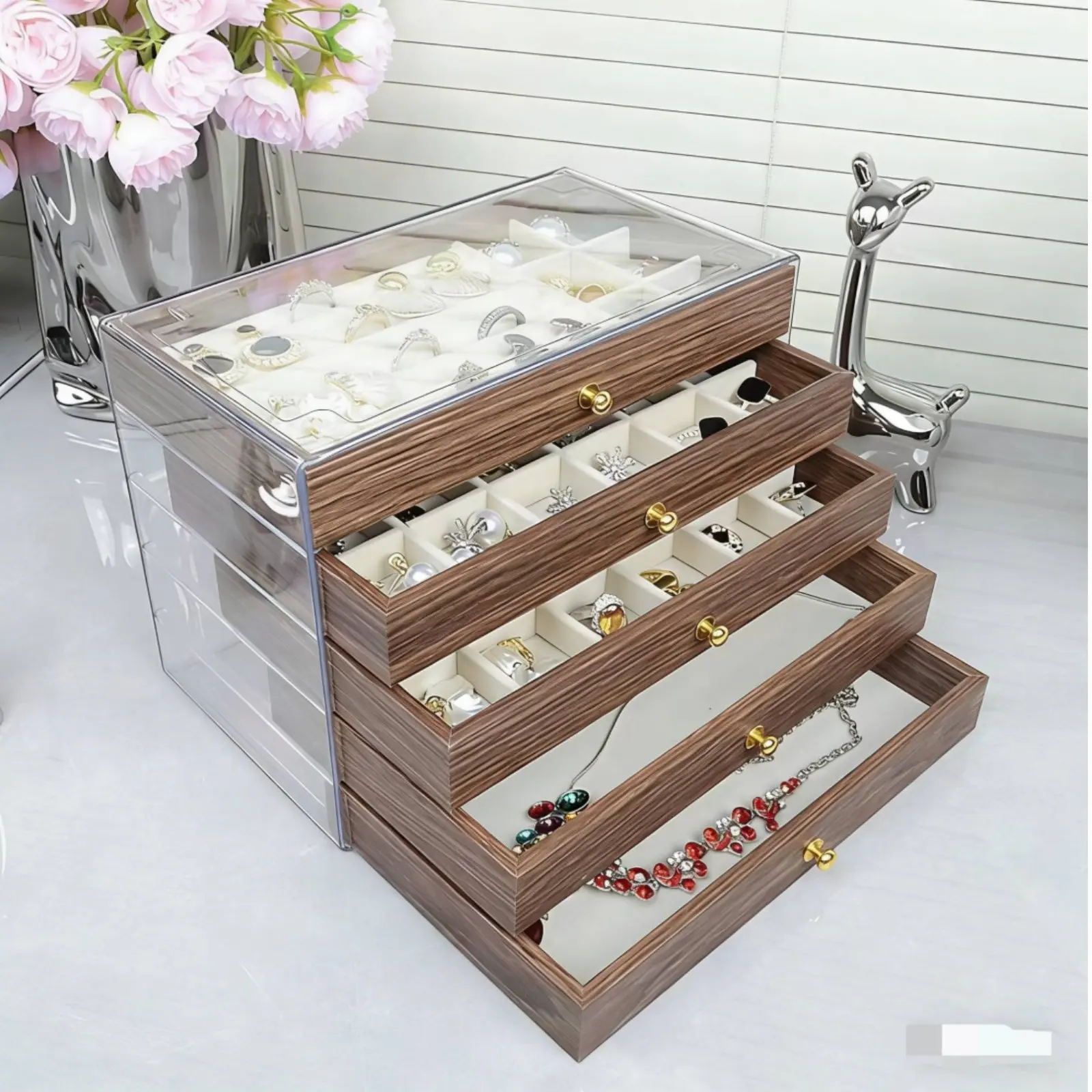 

5-Tier Jewelry Box Dustproof Band Necklace Storage Chest Wooden Drawer Jewelry Case Knotsnag-resistantFree Organization