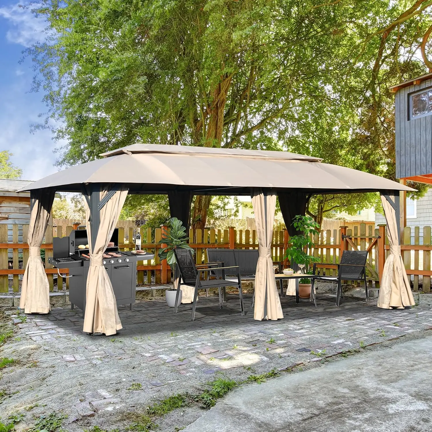 

10x20FT, Outdoor Gazebo with Double Roofs, Privacy Curtains, Mosquito Nettings, Heavy Duty Metal Frame Party Tent Canopy for