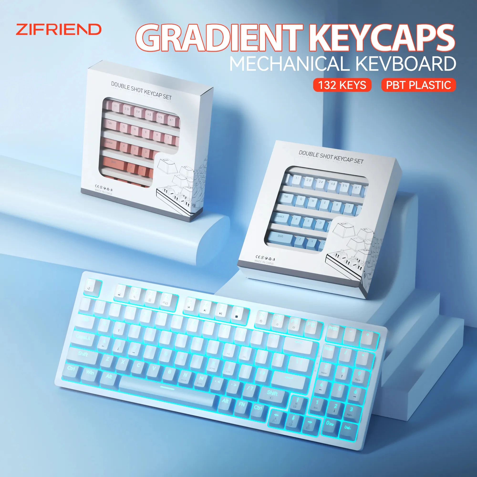 ZIFRIEND 132pcs Keys Caps Set For DIY Mechanical Keyboard PBT Gradient Blue Keycaps CIY 60% Gaming Custom Keycap Top Side Print