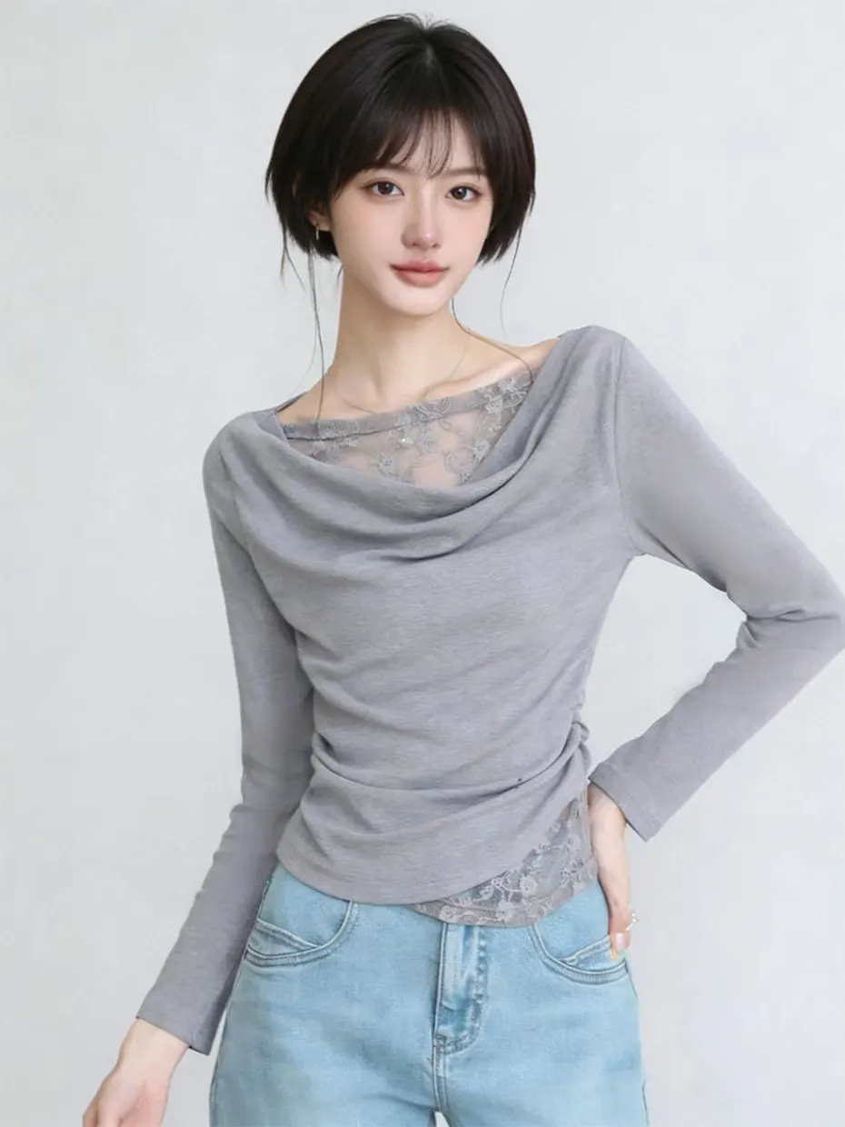 French Style Lace Splice Short Sleeve Long Sleeve T-Shirt Women's Slim Fit Base Shirt Beautiful Atmosphere Spring Season