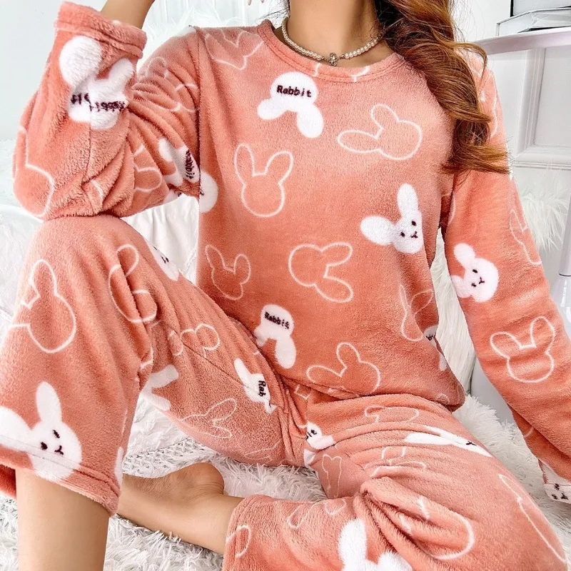 

Autumn Winter Flannel Pajama Set for Women Long Sleeves with Cartoon Rabbit Print Long Sleeve Pants 2PCS Sets
