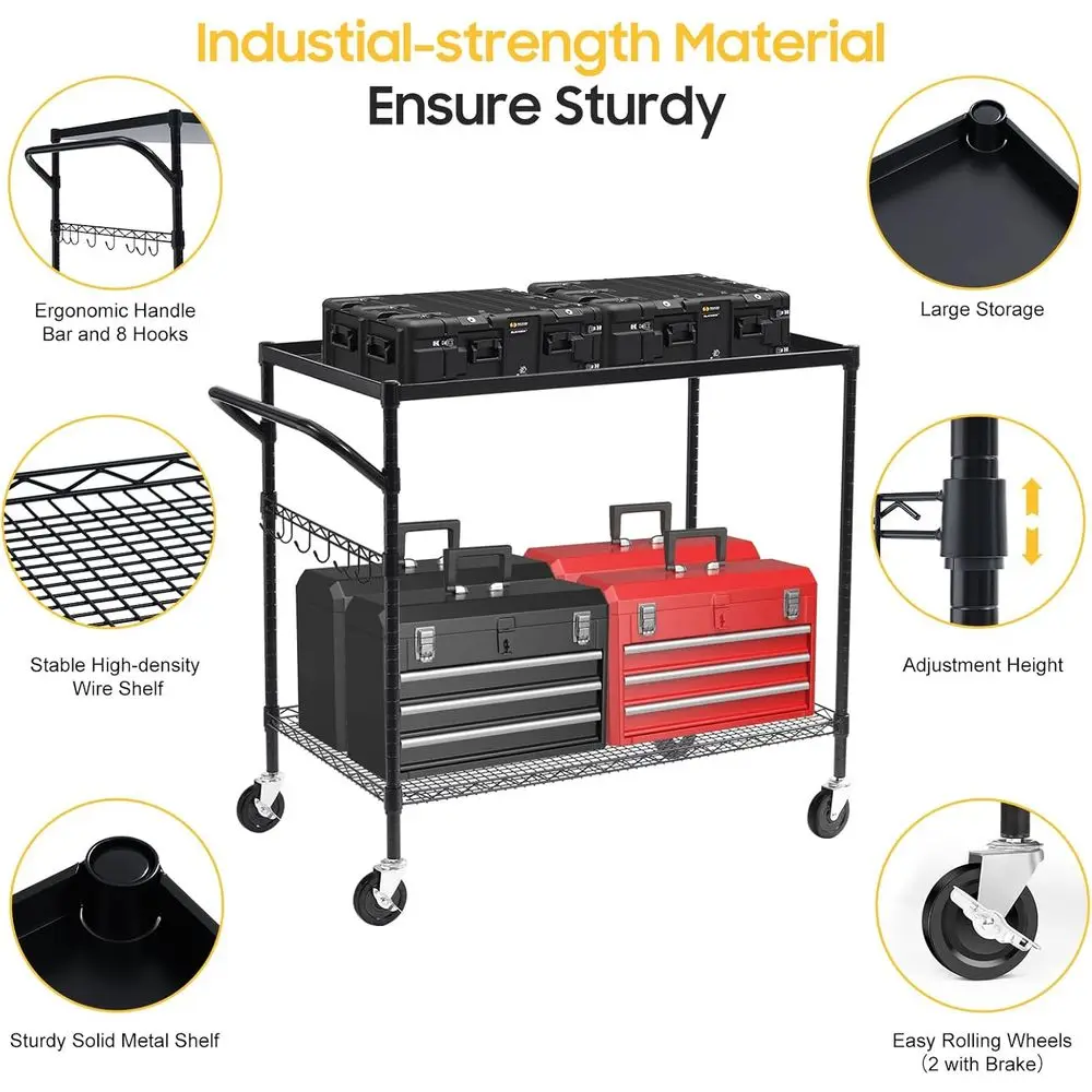 헤비듀티 2단 메탈 카트, 1000파운드 용량, 상업용 이동식 보관함, 24 x 45 x 39, 블랙