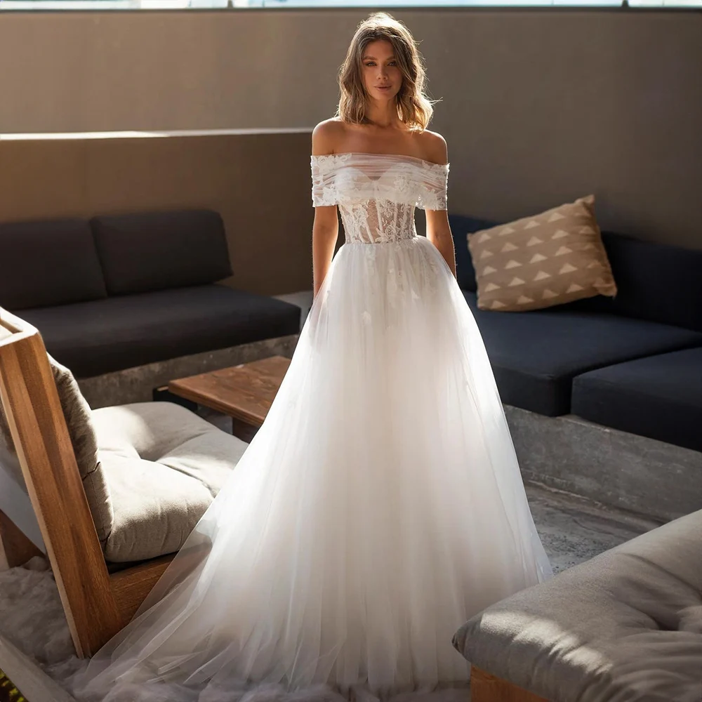 

Modest Off the Shoulder Tulle Appliques Lace Wedding Dress for Women A-line Court Illusion Wedding Party Gowns Customized