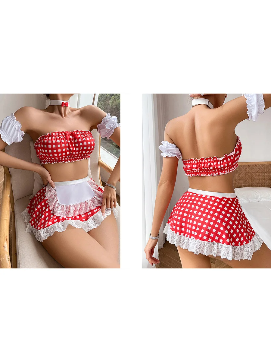 Costume da ragazza sexy da scolaretta Set di lingerie scozzese Crop Top Minigonna Perizoma Girocollo Completo da notte per donna