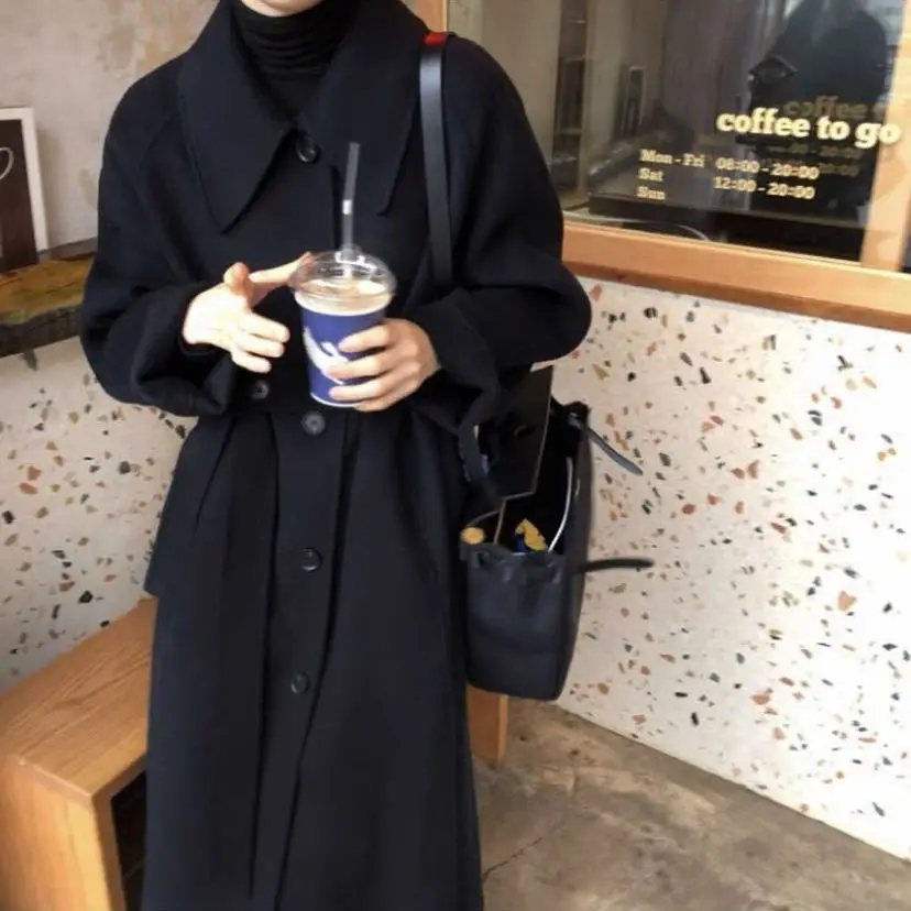 

Women's Autumn Winter New Turn-down Collar Waist Wool Coat 2023 Korean Loose High Quality Coat Solid Belt Fashion Female Coat