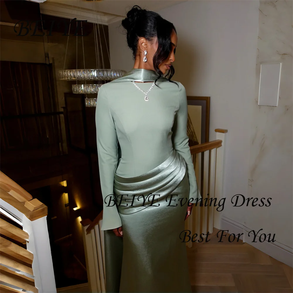 BEIYE Vintage Green Satin Long Sleeves Sheath Women's Formal Evening Gowns 2026 O-Neck Prom Dress Pleat Party Gown Customized image 3