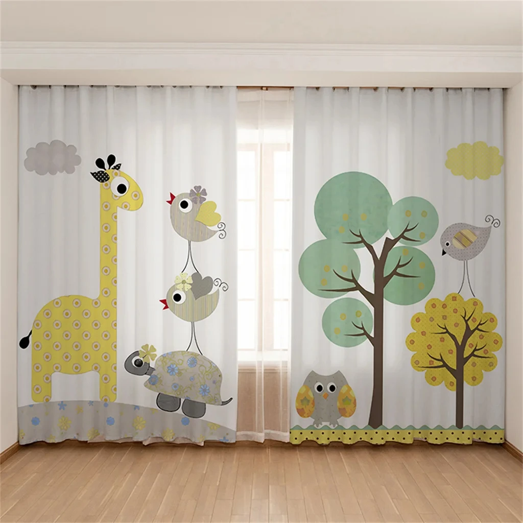 2024 New Cheap Cartoon Elephant Bird Giraffe Lion Zoo Digital Printed Curtain for Blinds Windows Bedroom Living Room Kitchen