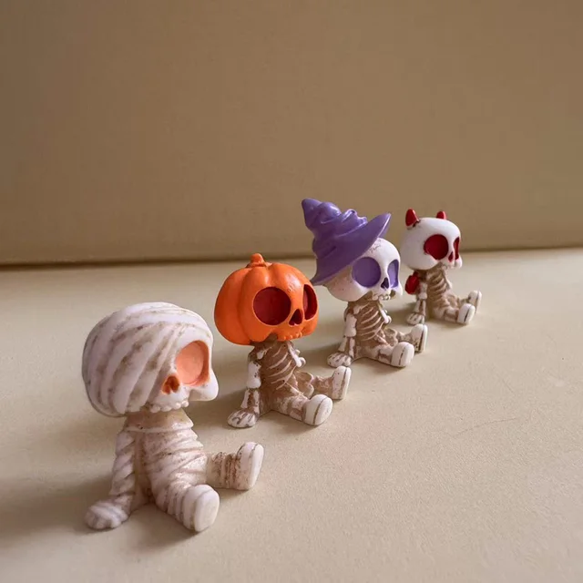 4Pcs Halloween Mini Figurines Set, Spooky Resin Decor with Pumpkins Ghosts Skulls for Party Home Garden Decoration 1