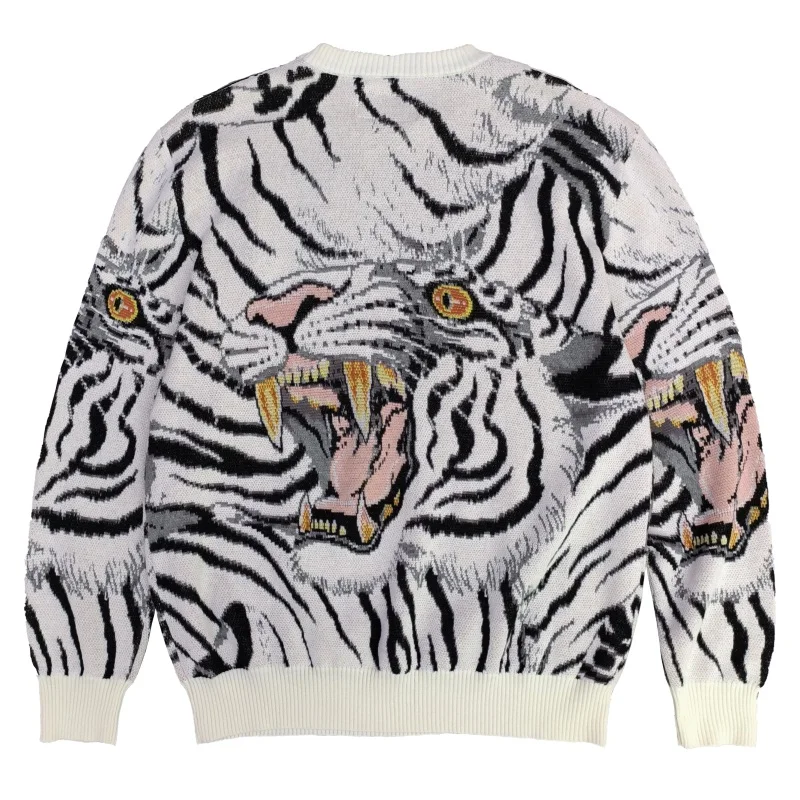 Japanese Retro Tiger Print Patchwork Crew Neck Sweaters for Men and Women Harajuku Baggy Casual Knitted Clothes Oversized