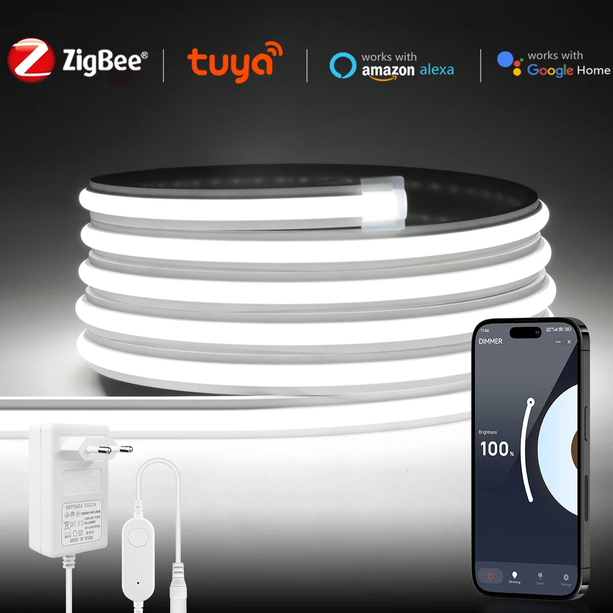 Zigbee Dimmer Dimmable Under Cabeint Lamp Tuya Smart Home Kitchen COB LED Strip Wifi Switch Silicone LED Tape Neon Light 2/5/10M