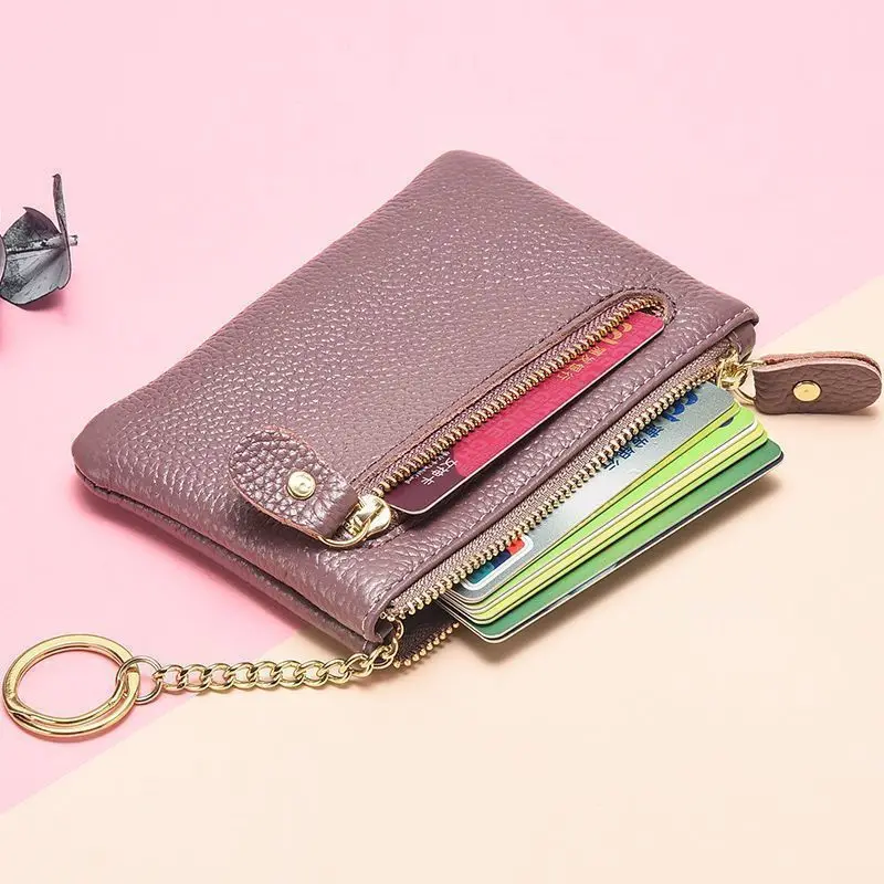 Textured women's mini, cute cowhide, short zipper, small wallet, simple key, coin holder, ultra-thin card holder