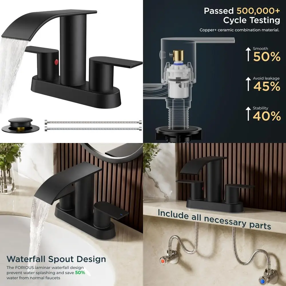 

4 Matte Black Waterfall Centerset Faucet with Metal Pop-Up Drain for Basin, Vanity, RV, Pedestal Sinks
