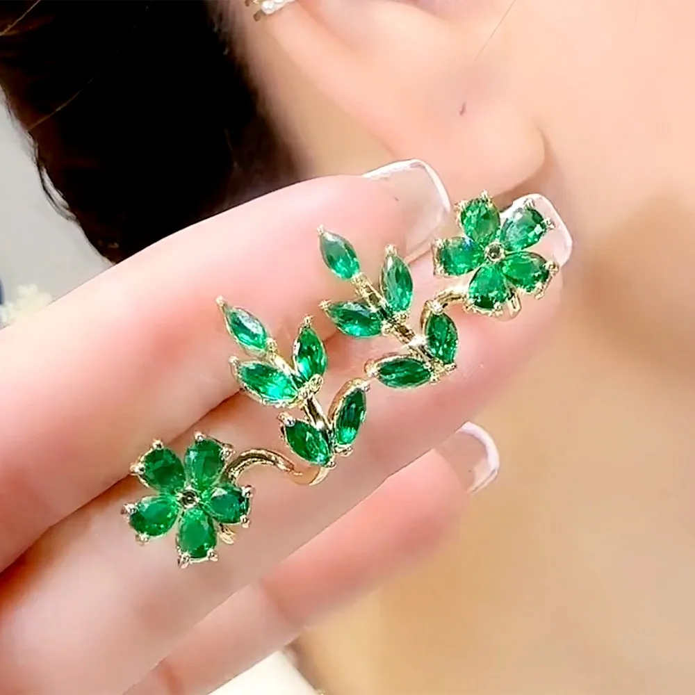 925 Silver Needle Green Crystal Flower Earrings For Women Korean Fashion Jewelry 2026 Trending Luxury Leaf Stud Earrings Z40