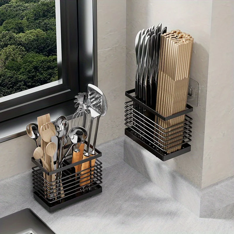 Wall-Mounted Toothbrush & Utensil Holder - Multi-Functional Kitchen Organizer For Spoons, Chopsticks & More - No Battery Require