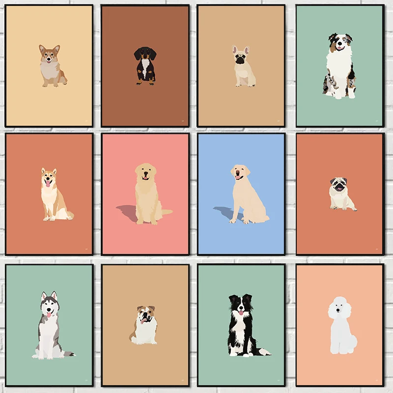 （2D canvas painting）Golden Retriever Dog French Bulldog Posters and Prints Cartoon Dogs Pet Canvas Painting Wall Art Pictures