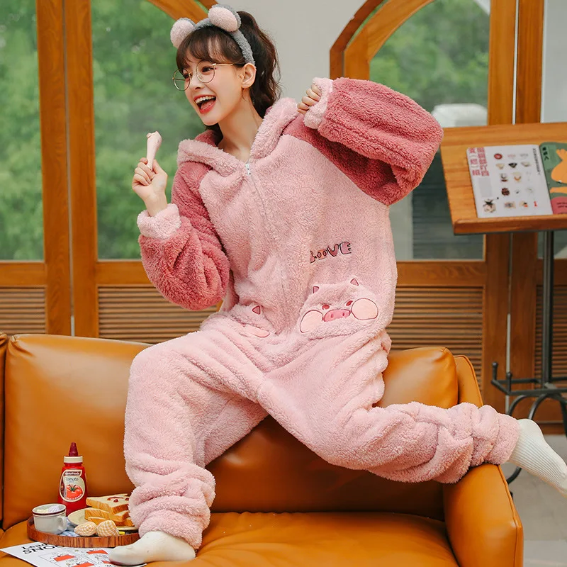 Schwein Erwachsene Onesie Tier Halloween Kostüm Plüsch Warm Einteiler Cosplay Anzug für Frauen Rosa Cartoon Kapuzenoverall Pyjama Set